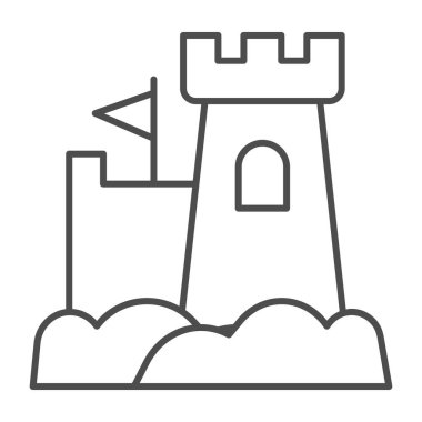 Bayrak ince çizgi ikonu, su parkı konsepti, beyaz arka planda kumdan kale işareti, mobil konsept ve web tasarımı için ana hatlı kum kalesi ikonu. Vektör grafikleri.