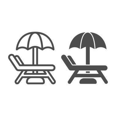 Şemsiye kuyruğu, sağlam bir ikon, su parkı konsepti, beyaz arka planda Beach Lounger tabelası, mobil konsept ve web tasarımı için ana hatlı güneşlik ve şemsiye ikonu. Vektör grafikleri.
