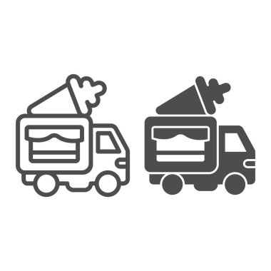 Dondurma kamyoneti serisi, sağlam bir ikon, su parkı konsepti, beyaz arka planda dondurma kamyonu tabelası, dondurma külahlı kamyonet, mobil konsept ve web tasarımı için ana hatlı simge. Vektör grafikleri.