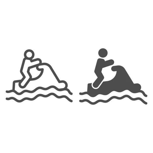 Человек с водяным скутером на волнах линии и твердый значок, концепция аквапарка, Jet Ski Sport знак на белом фоне, значок водяного скутера в стиле наброска для мобильного концепта и веб-дизайна. Векторная графика. — стоковый вектор