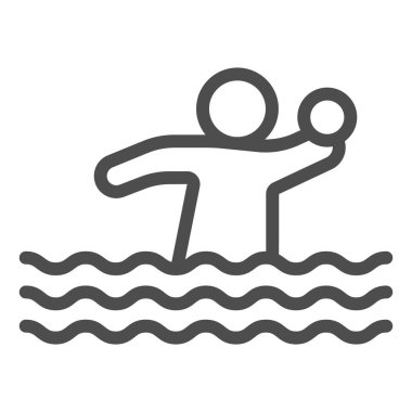 Su hattı ikonunda topu olan voleybol oyuncusu, su parkı konsepti, beyaz arka planda su voleybolu tabelası, mobil ve web tasarımı için ana hatlı su topu ikonu. Vektör grafikleri.