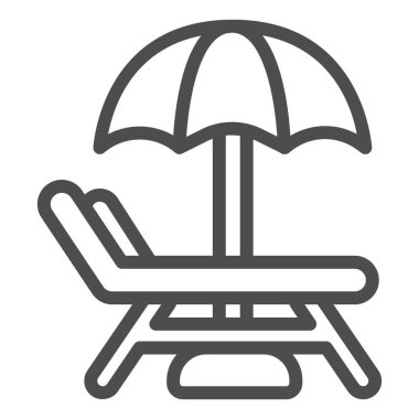 Şemsiye çizgisi ikonu, su parkı konsepti, beyaz arka planda Beach Lounger tabelası, taşınabilir konsept ve web tasarımı için ana hatlı güneşlik ve şemsiye ikonu. Vektör grafikleri.
