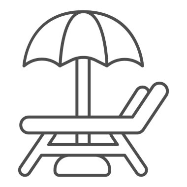 Şemsiyeli ince çizgi ikonu, su parkı konsepti, beyaz arka planda Beach Lounger tabelası, taşınabilir konsept ve web tasarımı için ana hatlı güneşlik ve şemsiye ikonu. Vektör grafikleri.