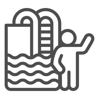 Merdiven ve insan çizgisi ikonu olan yüzme havuzu, su parkı konsepti, beyaz arka planda yüzme tabelası, mobil ve web tasarımı için insan ikonu olan yaz havuzu. Vektör grafikleri.