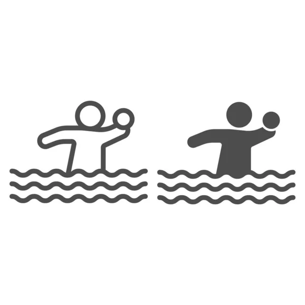 Giocatore di pallavolo con pallone in linea d'acqua e icona solida, concetto di parco acquatico, segno pallavolo acqua su sfondo bianco, icona pallanuoto in stile contorno per mobile e web design. Grafica vettoriale. — Vettoriale Stock