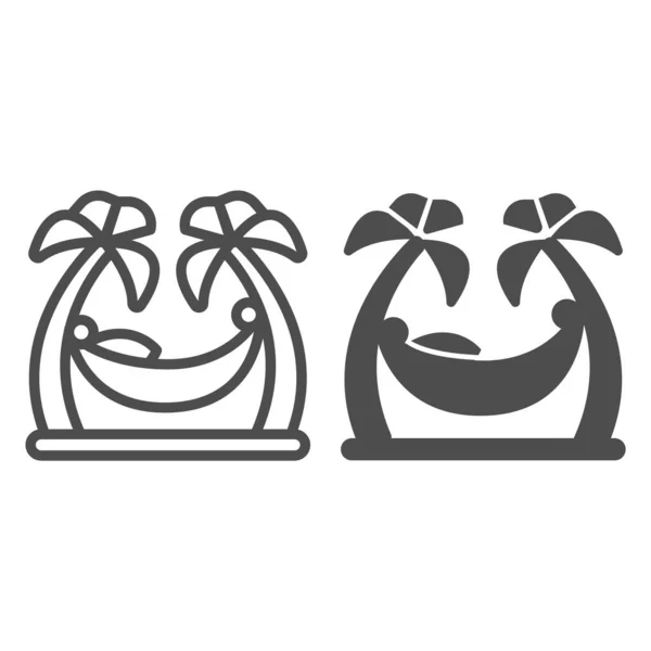 Hammock mellan palmer linje och fast ikon, vattenpark koncept, strand hängmatta tecken på vit bakgrund, man koppla av på hängmatta mellan två handflator ikon i kontur stil för mobil. Vektorgrafik. — Stock vektor