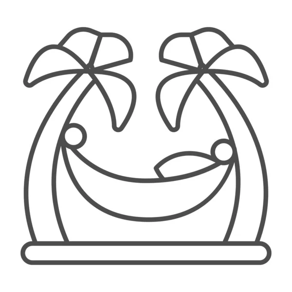 Palmiye ağaçları arasındaki hamak, ince çizgi ikonu, su parkı konsepti, beyaz arka planda plaj tabelası, iki palmiye ikonu arasındaki hamakta dinlenen adam mobil için taslak tarzı. Vektör grafikleri. — Stok Vektör