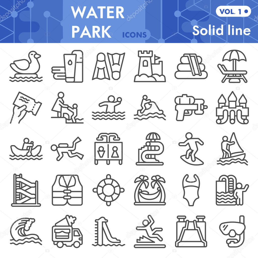 Waterpark line icon set, aquapark symbols collection or sketches. Water park linear style signs for web and app. Vector graphics isolated on white background