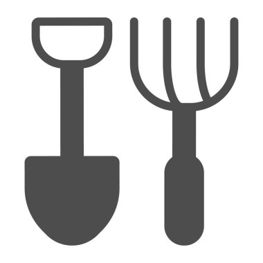 Kürek ve yaba katı ikon, çiftlik bahçesi konsepti, arka planda bahçe araçları işareti, mobil konsept ve web tasarımı için glifli maça ve yaba simgesi. Vektör grafikleri.