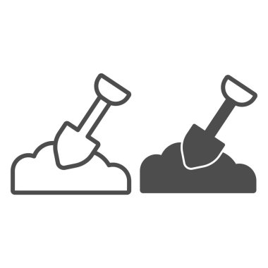 Kürek ve zemin çizgisi ve katı ikon, çiftlik bahçesi kavramı, beyaz arka planda çiftlik aletleri işareti, mobil ve web için zemin ikonunda bahçe işleri için kürek aracı. Vektör grafikleri.