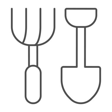 Kürek ve yaba ince çizgi ikonu, çiftlik bahçesi konsepti, arka planda bahçe aletleri işareti, cep telefonu konsepti ve web tasarımı için ana hatlı maça ve yaba simgesi. Vektör grafikleri.