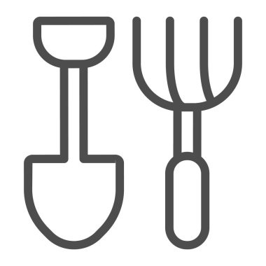 Kürek ve yaba çizgisi ikonu, çiftlik bahçesi konsepti, arka planda bahçe araçları işareti, cep telefonu konsepti ve web tasarımı için ana hatlar şeklinde maça ve yaba simgesi. Vektör grafikleri.