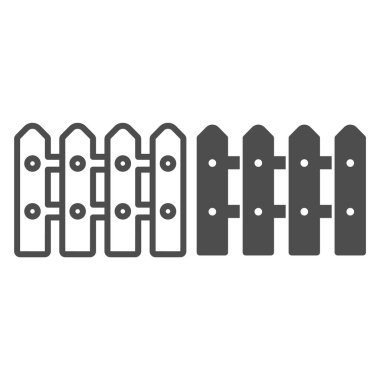 Çit hattı ve katı ikon, çiftlik bahçesi kavramı, arka planda bahçe kapısı işareti, mobil konsept ve web tasarımı için kırsal çit ikonu. Vektör grafikleri.