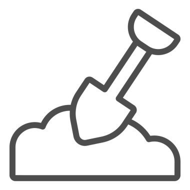 Kürek ve toprak çizgisi ikonu, çiftlik bahçesi konsepti, beyaz arka planda çiftlik aletleri tabelası, mobil ve web için ana hatlarda bahçe işleri için kürek aleti. Vektör grafikleri.