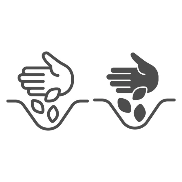 Hand en granen in de bodem lijn en solide pictogram, boerderij tuin concept, Zaaien zaden teken op witte achtergrond, Hand planten zaden in de grond pictogram in grote lijnen stijl voor mobiele en web design. vectorgrafieken. — Stockvector