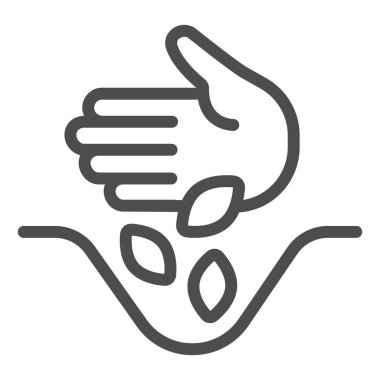 Toprak çizgisi ikonunda el ve tahıllar, çiftlik bahçesi konsepti, beyaz zemine tohum ekme tabelası, el tohumu tohumu ekme simgesi, mobil ve web tasarımı için tasarım tarzı. Vektör grafikleri.