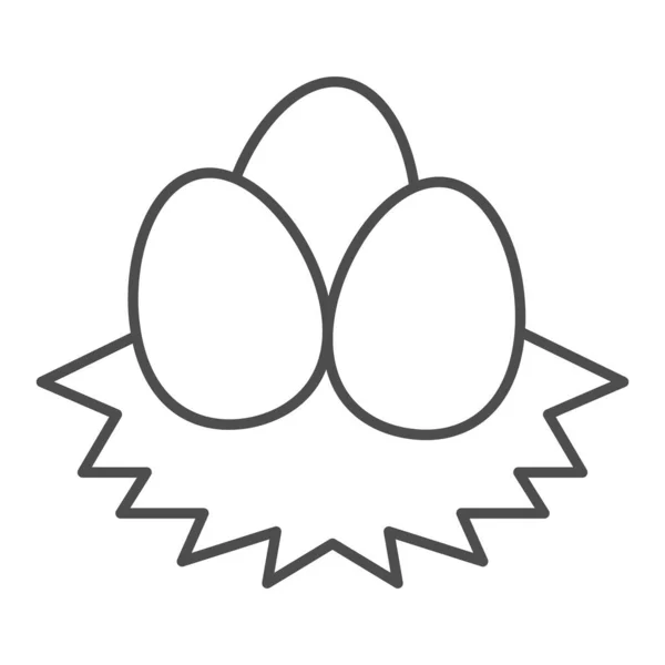 둥지의 얇은 선 아이콘에 달걀, 농장 정원 컨셉, 흰색 배경에 달걀 사인, 모바일 컨셉과 웹 디자인의 윤곽에 달걀 아이콘 세 개가 있는 둥지. 벡터 그래픽. — 스톡 벡터