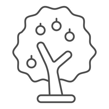 Meyve ağacı ince çizgi ikonu, çiftlik bahçesi konsepti, beyaz arka planda dekoratif meyve ağacı tabelası, mobil konsept ve web tasarımı için ana hatlı elma ağacı simgesi. Vektör grafikleri.