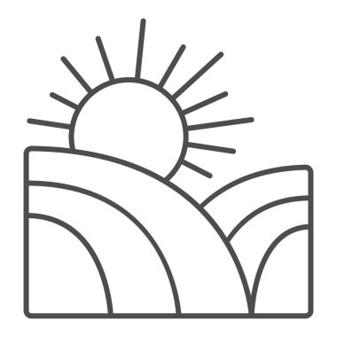 Alan ve güneş çizgisi ikonu, çiftlik bahçesi konsepti, beyaz zemin üzerinde gündoğumu güneşi, mobil konsept ve web tasarımı için ana hatlı kırsal manzara ikonu. Vektör grafikleri.