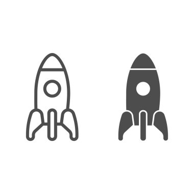 Roket hattı ve katı ikon, çocuk oyuncakları konsepti, beyaz arka planda kozmik roket işareti, mobil konsept ve web tasarımı için ana hatlı uzay gemisi ikonu. Vektör grafikleri.