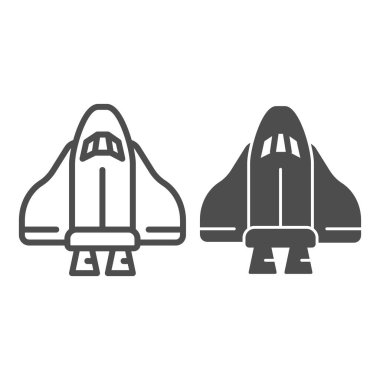 Uzay mekiği oyuncak hattı ve katı ikon, çocuk oyuncakları konsepti, beyaz arka planda kozmik roket işareti, mobil konsept ve web tasarımı için ana hatlı uzay gemisi ikonu. Vektör grafikleri.