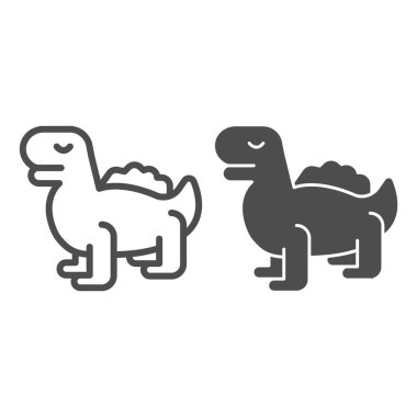 Dinozor hattı ve katı ikon, çocuk oyuncakları konsepti, beyaz arka planda Tyrannosaurus sürüngen işareti, mobil konsept ve web tasarımı için ana hatlı siluet dinozor oyuncak ikonu. Vektör grafikleri.