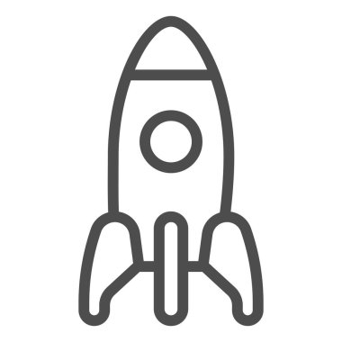 Roket çizgisi ikonu, çocuk oyuncakları konsepti, beyaz arka planda kozmik roket işareti, mobil konsept ve web tasarımı için ana hatlı uzay gemisi ikonu. Vektör grafikleri.