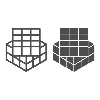 Rubik küp çizgisi ve katı ikon, çocuk oyuncakları konsepti, beyaz arka planda oyuncak küp işareti, mobil konsept ve web tasarımı için ana hatlı küp yapboz simgesi. Vektör grafikleri.