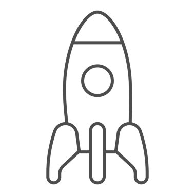 Roket ince çizgi ikonu, çocuk oyuncakları konsepti, beyaz arka planda kozmik roket işareti, mobil konsept ve web tasarımı için ana hatlı uzay gemisi ikonu. Vektör grafikleri.