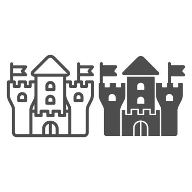 Ortaçağ kale hattı ve sağlam ikon, çocuk oyuncakları konsepti, beyaz arka planda kale tabelası, taşınabilir konsept ve web tasarımı için ana hatlı Ortaçağ kraliyet kalesi ikonu. Vektör grafikleri.