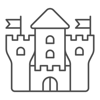 Ortaçağ kalesi ince çizgi ikonu, çocuk oyuncakları konsepti, beyaz arka planda kale tabelası, taşınabilir konsept ve web tasarımı için ana hatlı Ortaçağ kraliyet kalesi ikonu. Vektör grafikleri.