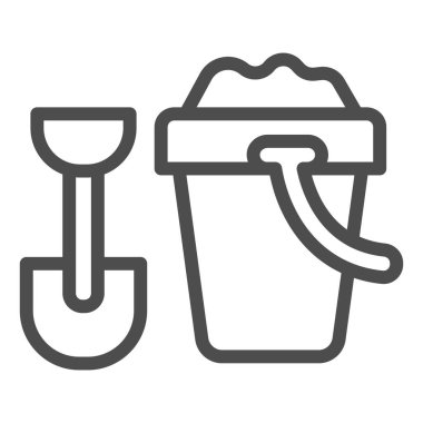Spatula ve kova kum hattı ikonu, çocuk oyuncakları konsepti, beyaz arka planda kum havuzu işareti için oyuncaklar, kum kovası ve mobil ve web için taslak biçimli kürek ikonu. Vektör grafikleri.