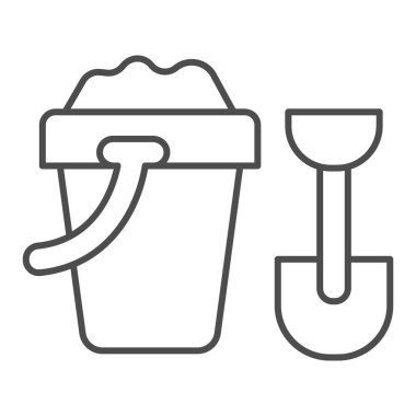 Spatula ve kova kum ince çizgi ikonu, çocuk oyuncakları konsepti, beyaz arka planda kum havuzu işareti için oyuncaklar, kum kovası ve mobil ve web için taslak biçimli kürek ikonu. Vektör grafikleri.