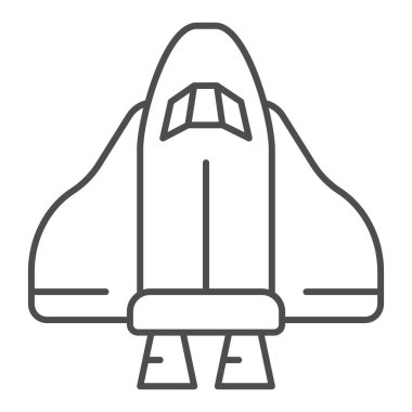 Uzay mekiği oyuncak, ince çizgi ikonu, çocuk oyuncakları konsepti, beyaz arka planda kozmik roket işareti, mobil konsept ve web tasarımı için ana hatlı uzay gemisi ikonu. Vektör grafikleri.