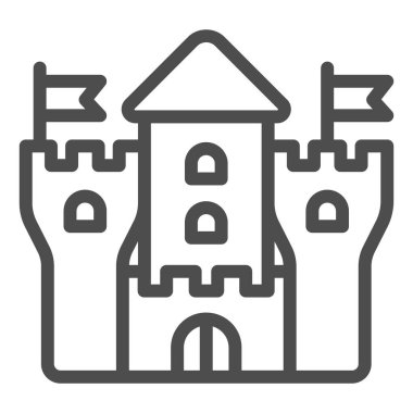 Ortaçağ kale çizgisi ikonu, çocuk oyuncakları konsepti, beyaz arka planda kale tabelası, taşınabilir konsept ve web tasarımı için ana hatlı Ortaçağ kraliyet kalesi ikonu. Vektör grafikleri.