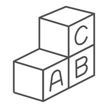 İlk harfleri alfabe ince çizgi simgesi olan küpler, çocuk oyuncakları konsepti, beyaz arka planda ABC küpleri imzası, mobil ve web tasarımı için ana hatlı oyuncak simgesi. Vektör grafikleri.