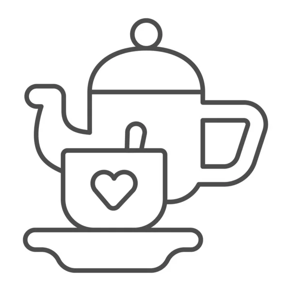 Tetera y taza para niños en el icono de la línea delgada del plato, concepto de juguetes para niños, cartel del juego de té en el fondo blanco, icono de vajilla para niños en el estilo del esquema para el concepto móvil y el diseño web. Gráficos vectoriales. — Archivo Imágenes Vectoriales