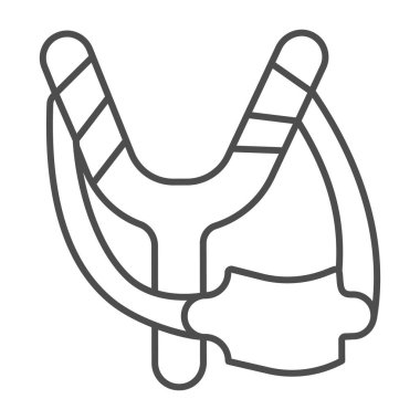 Sapan, ince çizgi ikonu, çocuk oyuncağı konsepti, beyaz arka planda sapan işareti, taşınabilir konsept ve web tasarımı için taslak şeklinde taş atan çocuklar oyuncağı. Vektör grafikleri.