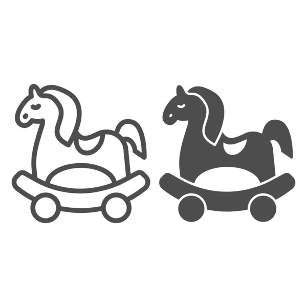 Ligne de cheval de jouet et icône solide, concept de jouets pour enfants, panneau de cheval à bascule en bois sur fond blanc, icône de jouet de cheval de bébé dans le style de contour pour concept mobile et conception web. Graphiques vectoriels. — Image vectorielle