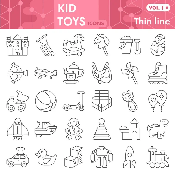 Dětské hračky tenké čáry ikony sada, Dětské hračky symboly kolekce nebo náčrty. Výroba zboží pro děti s lineárním stylem pro web a aplikaci. Vektorová grafika izolovaná na bílém pozadí. — Stockový vektor
