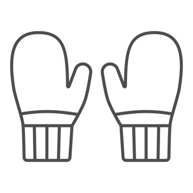 Örülmüş eldivenler ince çizgi ikonu, kışlık kıyafet konsepti, beyaz arka planda kış eldivenleri imzası, mobil ve web tasarımı için ana hatlı bir çift örgü Noel eldiveni ikonu. Vektör grafikleri.