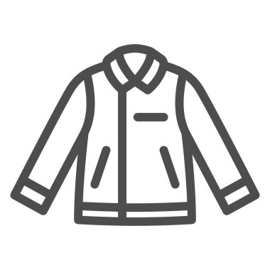 Erkek deri ceket çizgisi ikonu, kışlık kıyafet konsepti, beyaz arka planda deri ceket tabelası, mobil konsept ve web tasarımı için taslak biçimli motorcu ceketi ikonu. Vektör grafikleri.