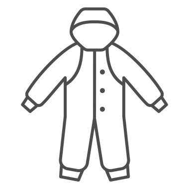 Yeni doğanlar için kış tulumları ince çizgi ikonu, kışlık kıyafet konsepti, beyaz arka planda bebek kıyafetleri, mobil ve web için taslak tarzı kaput ikonlu çocuk tulumları. Vektör grafikleri.