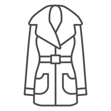 Kadın deri ceket ince çizgi ikonu, kış kıyafetleri konsepti, beyaz arka planda ceket işareti, mobil konsept ve web tasarımı için ana hatlı deri ceket siluet ikonu. Vektör grafikleri.
