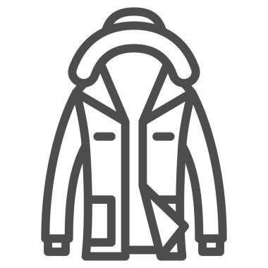 Kaput çizgisi ikonlu kış koyun derisi ceket, kışlık kıyafet konsepti, beyaz arka planda kürk tabelası, mobil ve web tasarımı için ana hatlı Sheepskin ceket ikonu. Vektör grafikleri.