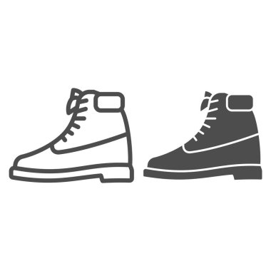 Erkekler kış çizmesi ve katı ikon, kışlık kıyafet konsepti, beyaz arka planda yüksek ayakkabı işareti, mobil konsept ve web tasarımı için ana hatlı sanayi çizme ikonu. Vektör grafikleri.