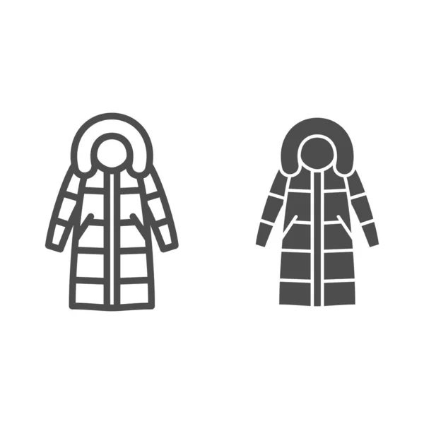 Mulheres linha de casaco quente e ícone sólido, conceito de roupas de inverno, sinal de parka clássico no fundo branco, jaqueta de inverno quente para o ícone das mulheres no estilo de contorno para celular e web design. Gráficos vetoriais. —  Vetores de Stock