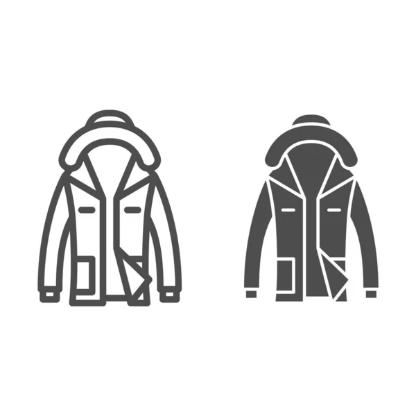 Χειμερινό παλτό προβάτου με κουκούλα γραμμή και στερεό εικονίδιο, Χειμερινά ρούχα έννοια, Γούνινο παλτό υπογράψει σε λευκό φόντο, Sheepskin σακάκι εικονίδιο σε περίγραμμα στυλ για το κινητό και web design. Διανυσματικά γραφικά. — Διανυσματικό Αρχείο