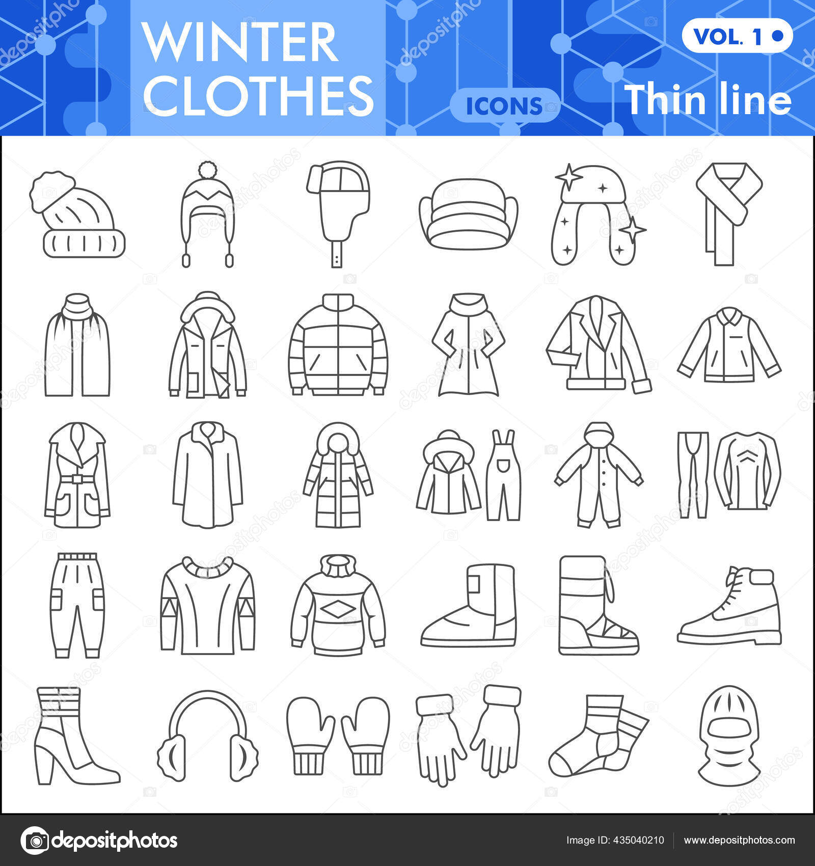 Conjunto de iconos de línea delgada de ropa de invierno, colección - Main Image