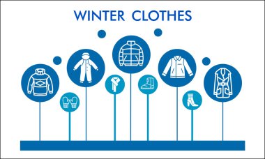 Modern Kış Kıyafetleri Infographic tasarım şablonu ve simgeleri. Beyaz arka planda balon tasarımında soğuk hava aktif giyimi görselleştirmesi. Infographic için yaratıcı vektör illüstrasyonu.